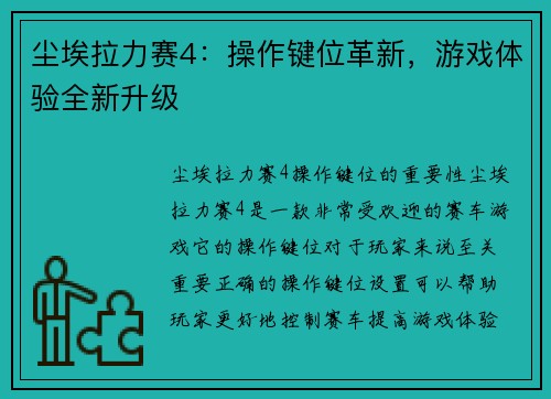 尘埃拉力赛4：操作键位革新，游戏体验全新升级